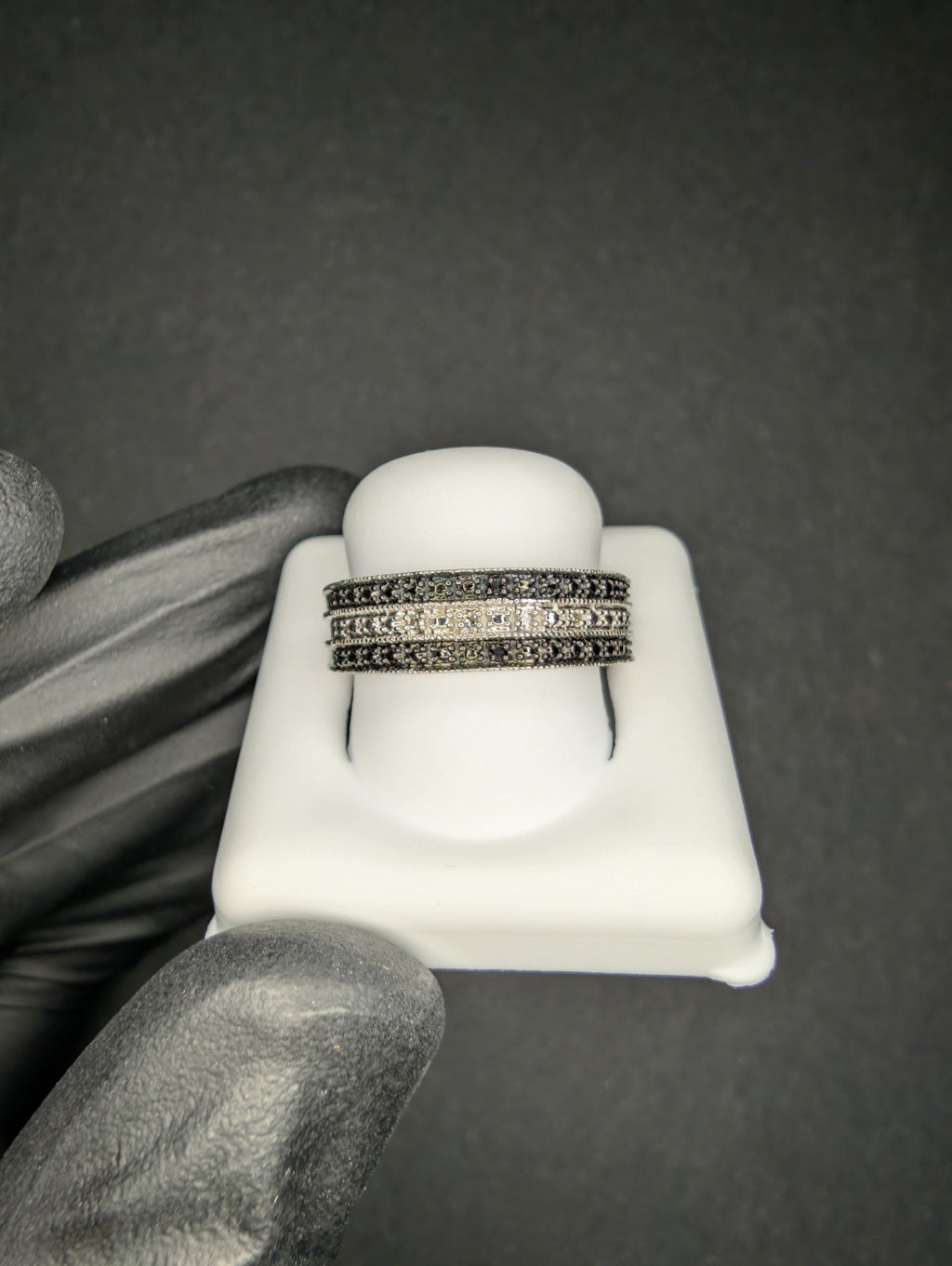 Black Rhodium over Solid 925 Silver Natural Black and White Diamond Ring Size 7