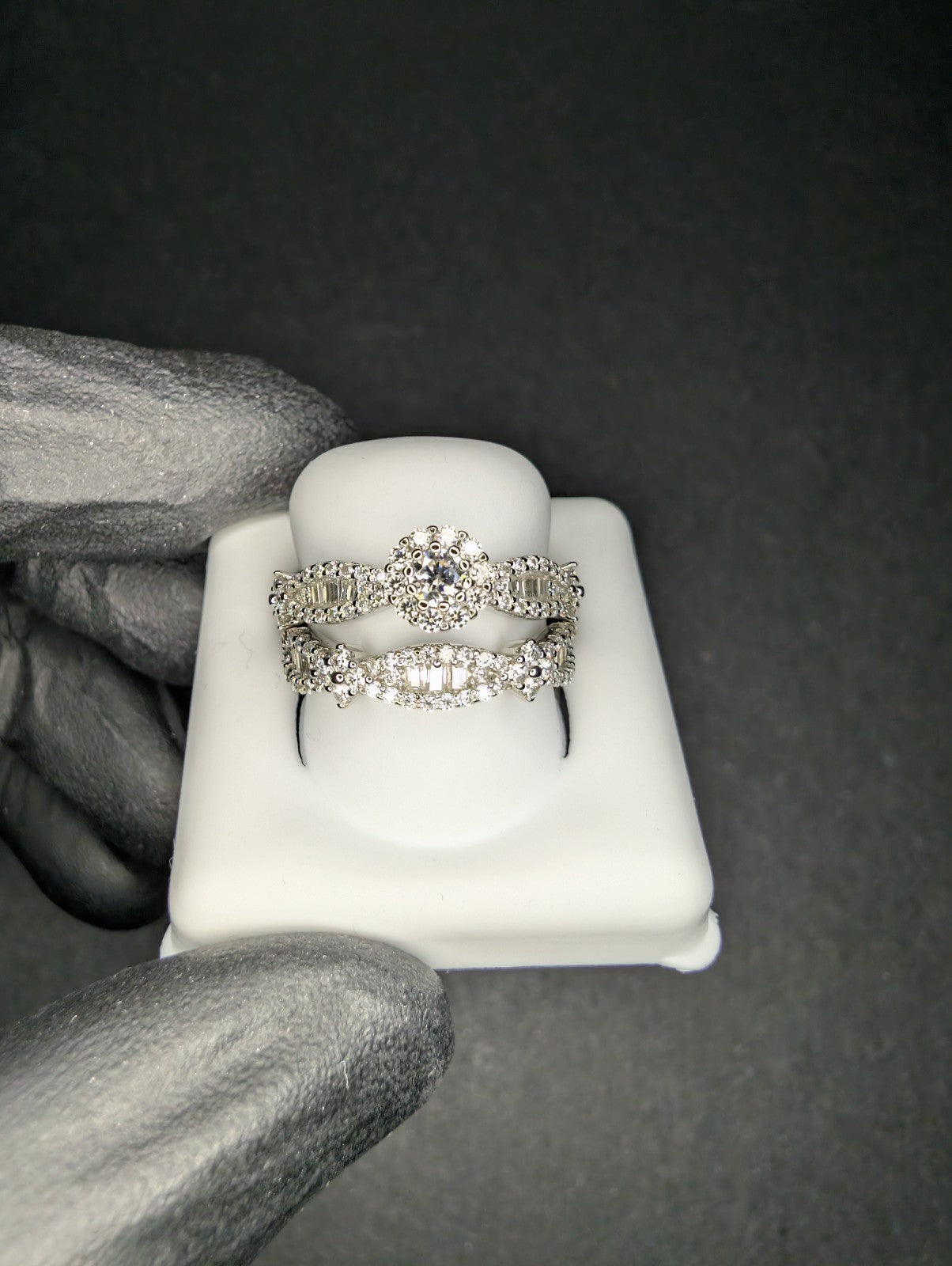 Solid 925 Sterling Silver Baguette and Round Cluster Moissanite Ring Set Size 6