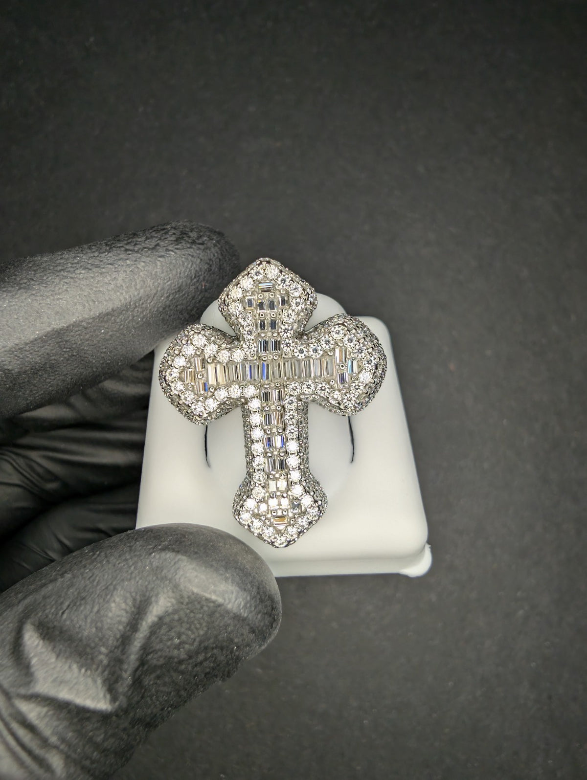 Solid 925 Sterling Silver VVS D Baguette and Round Moissanite Cross Ring Size 9