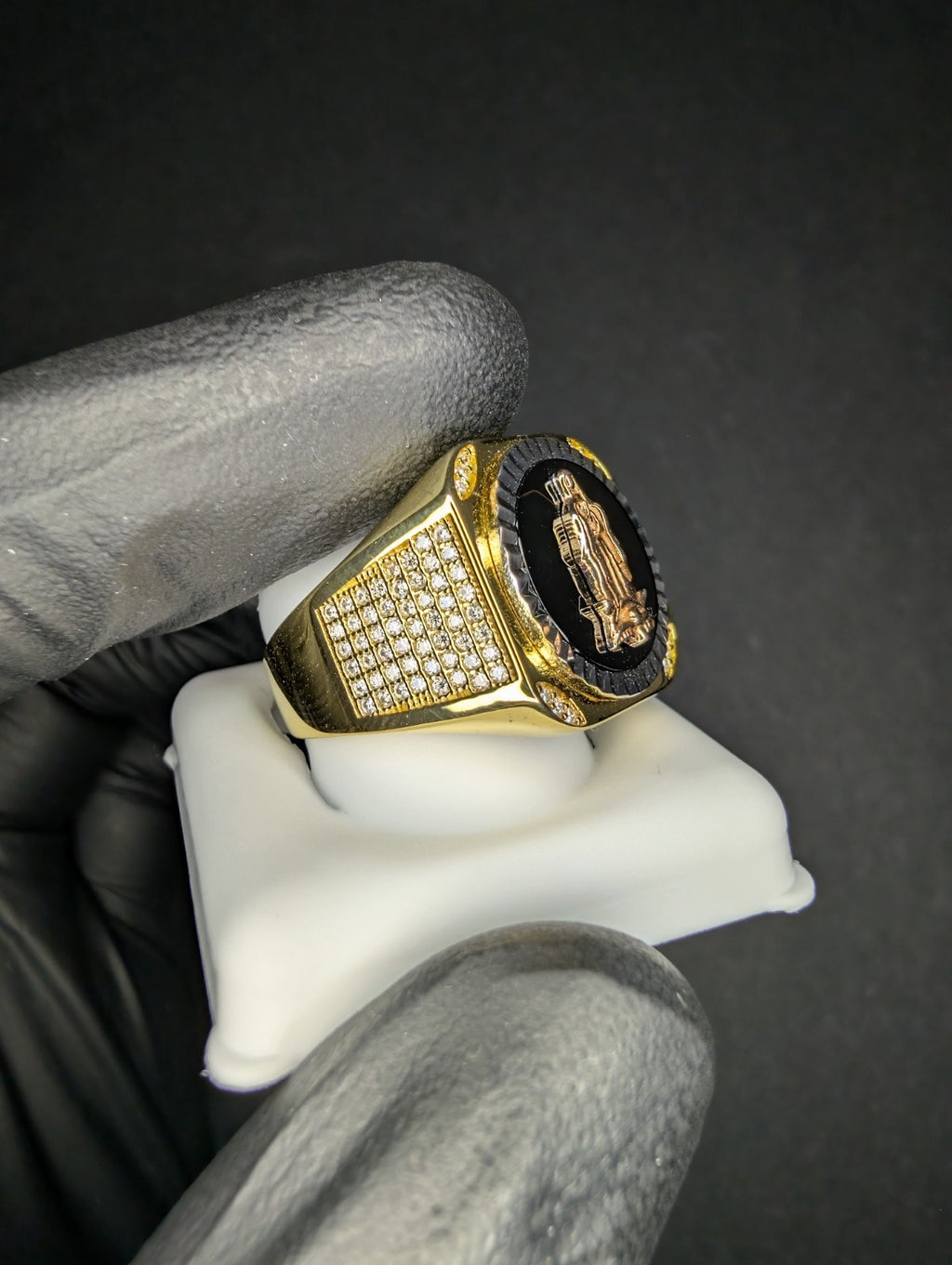 Tri-Color Gold over Solid 925 Silver VVS D Moissanite Virgin Mary Ring Size 11