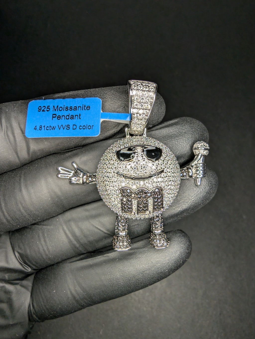 Solid 925 Sterling Silver Icy Black and White Moissanite M&M Microphone Pendant