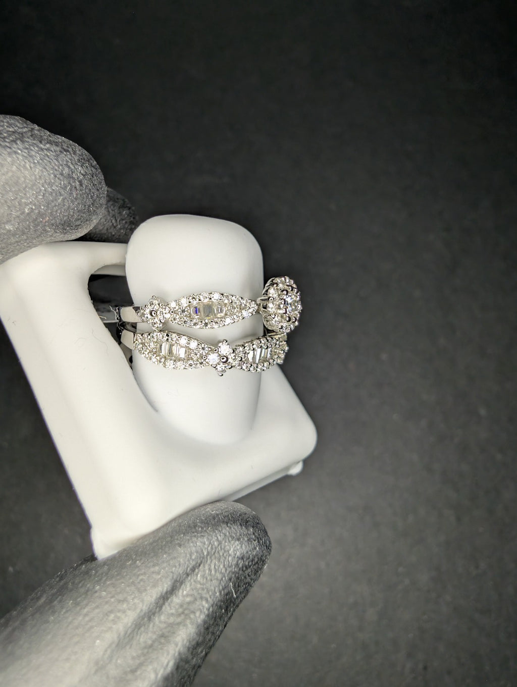 Solid 925 Sterling Silver Baguette and Round Cluster Moissanite Ring Set Size 6