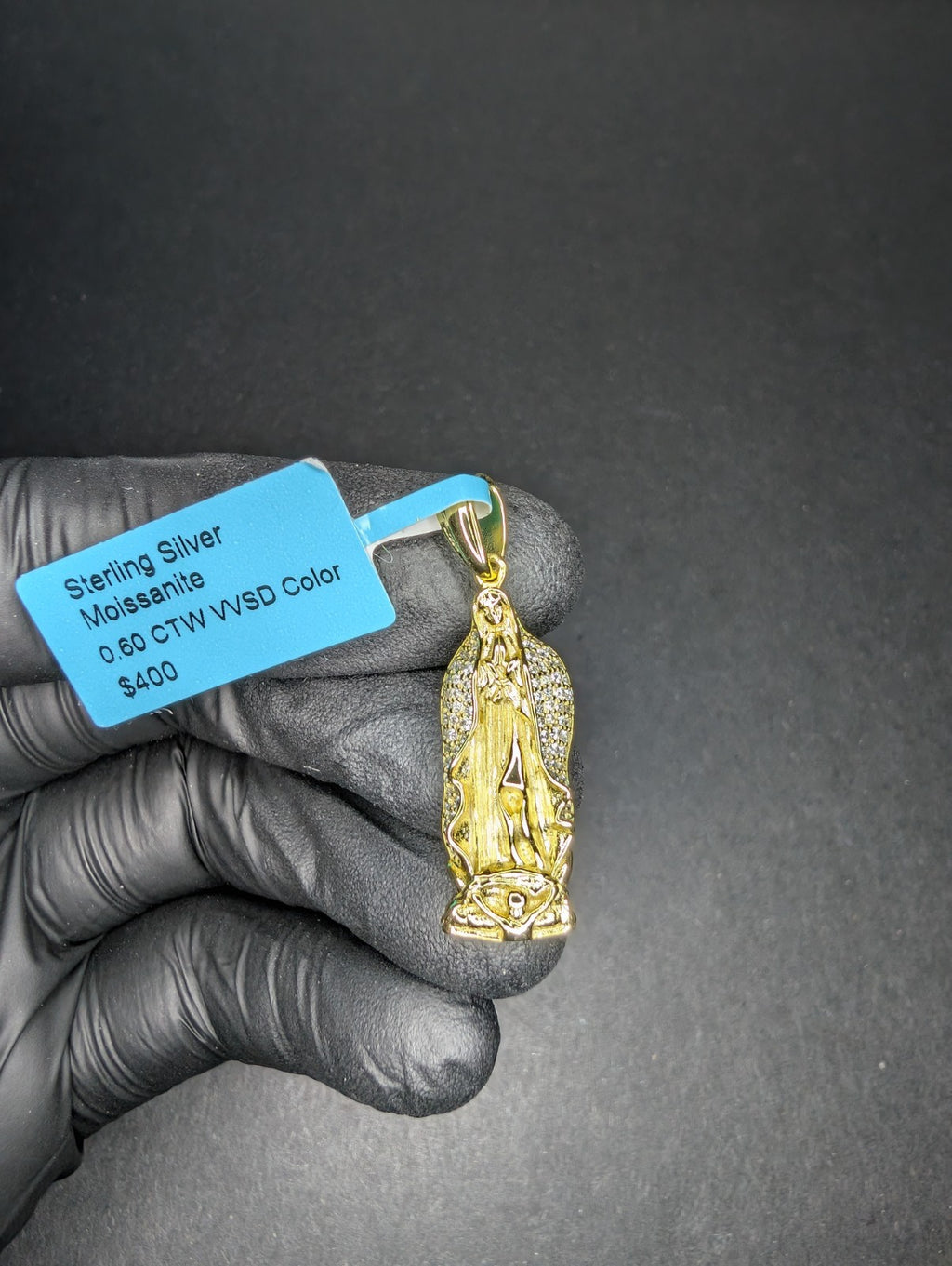Gold over Solid 925 Silver VVS D Moissanite Virgin Mary Pendant