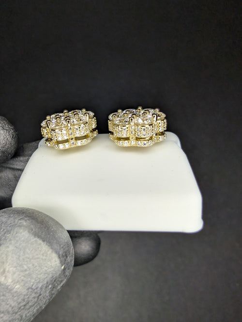 Gold Over Solid 925 Silver VVS D Moissanite 11.6mm 3D Honeycomb Cluster Studs