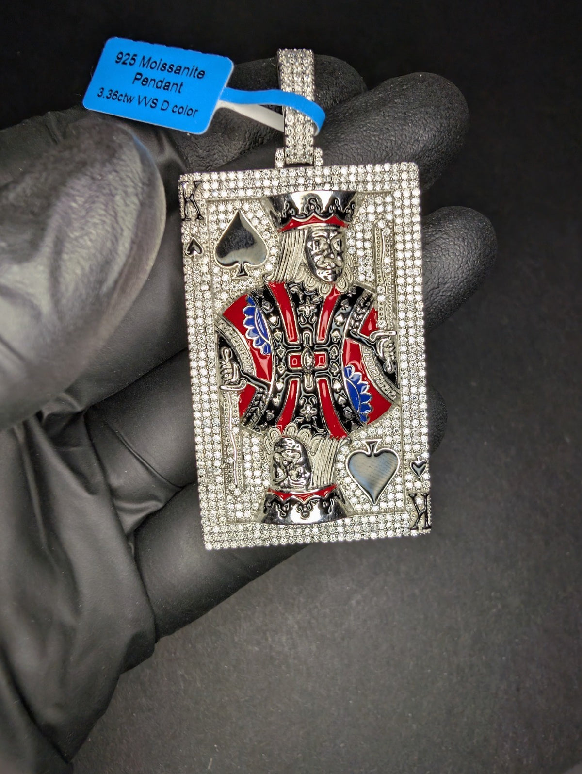 Solid 925 Sterling Silver Iced Out VVS Moissanite King of Spades Card Pendant