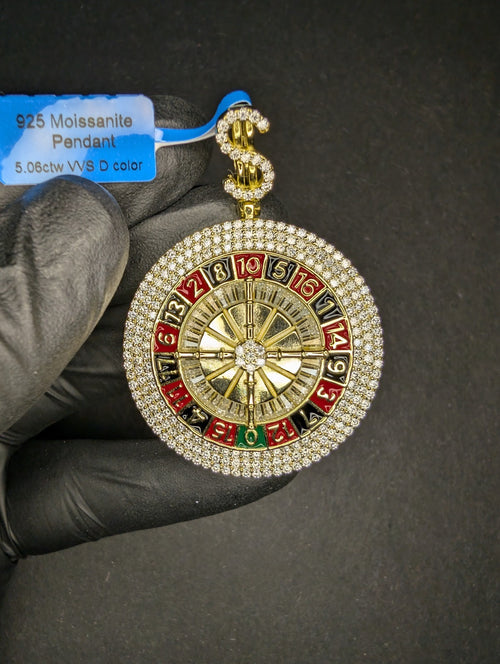Gold over Solid 925 Sterling Silver Icy VVS Moissanite Roulette Wheel Pendant