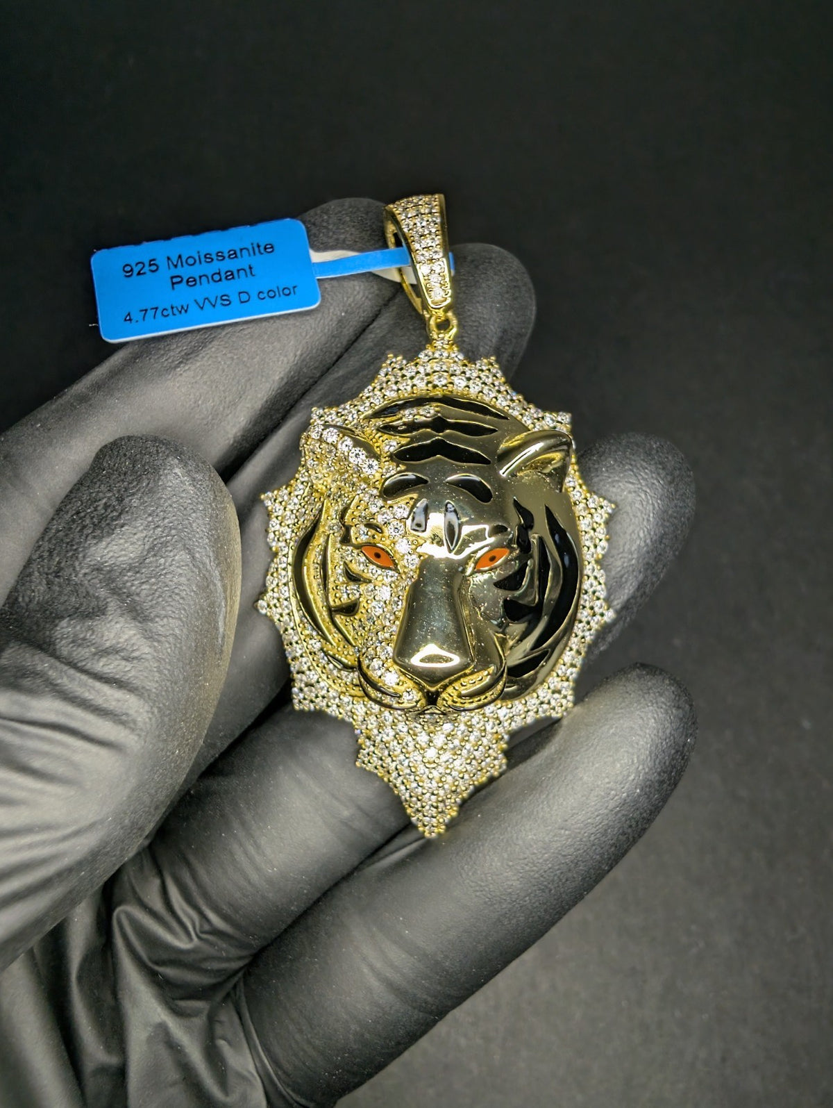 Gold over Solid 925 Silver Iced Out VVS D Color Moissanite Tiger Pendant