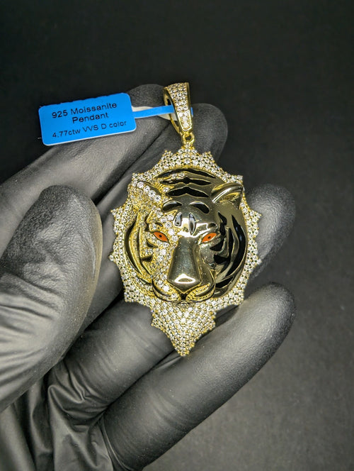 Gold over Solid 925 Silver Iced Out VVS D Color Moissanite Tiger Pendant