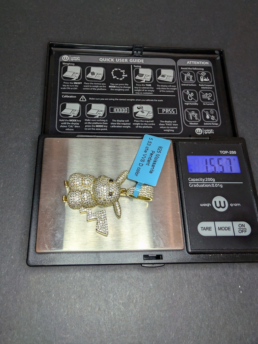 Gold Over Solid 925 Silver Iced Out VVS D Moissanite Pikachu Pokemon Pendant