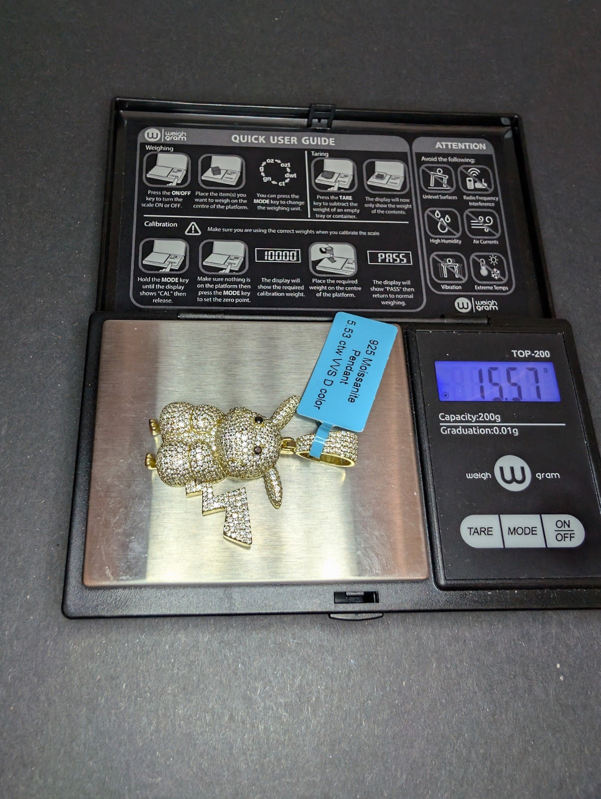Gold Over Solid 925 Silver Iced Out VVS D Moissanite Pikachu Pokemon Pendant