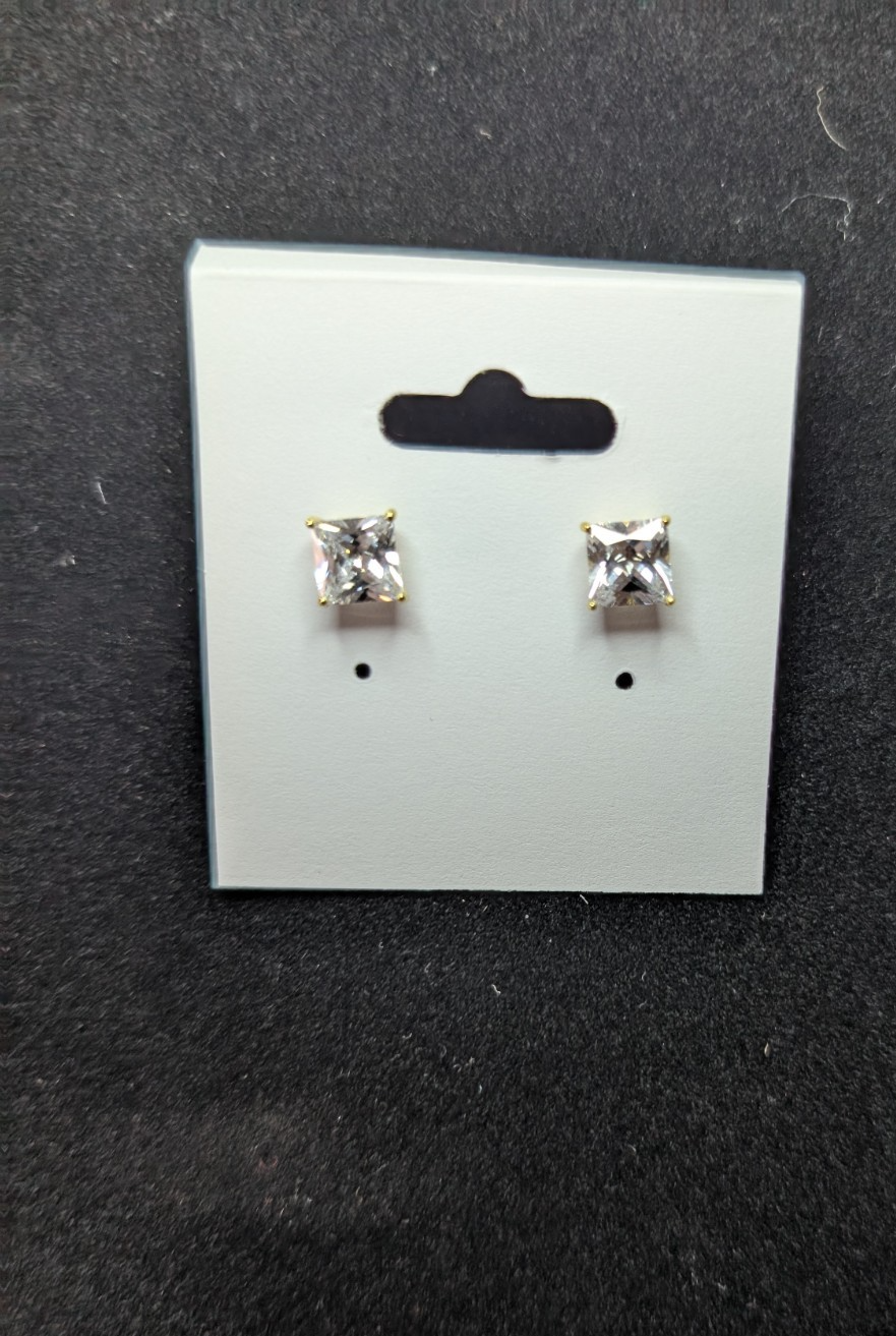 Gold over Solid 925 Sterling Silver 7.5mm Princess Cut CZ Stone Stud Earrings