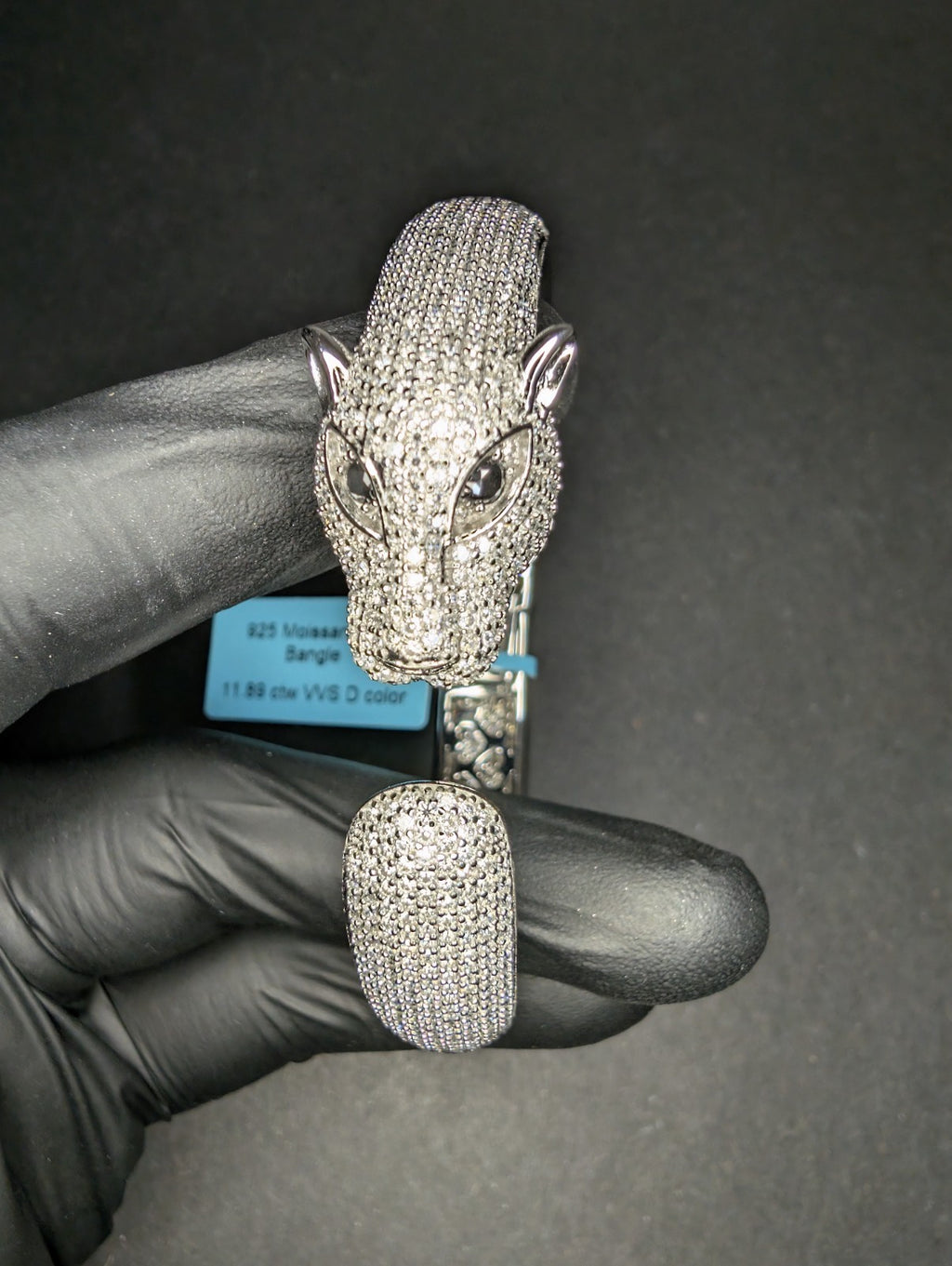 Solid 925 Silver Iced Out VVS D Moissanite Hinged Panther Bangle Bracelet