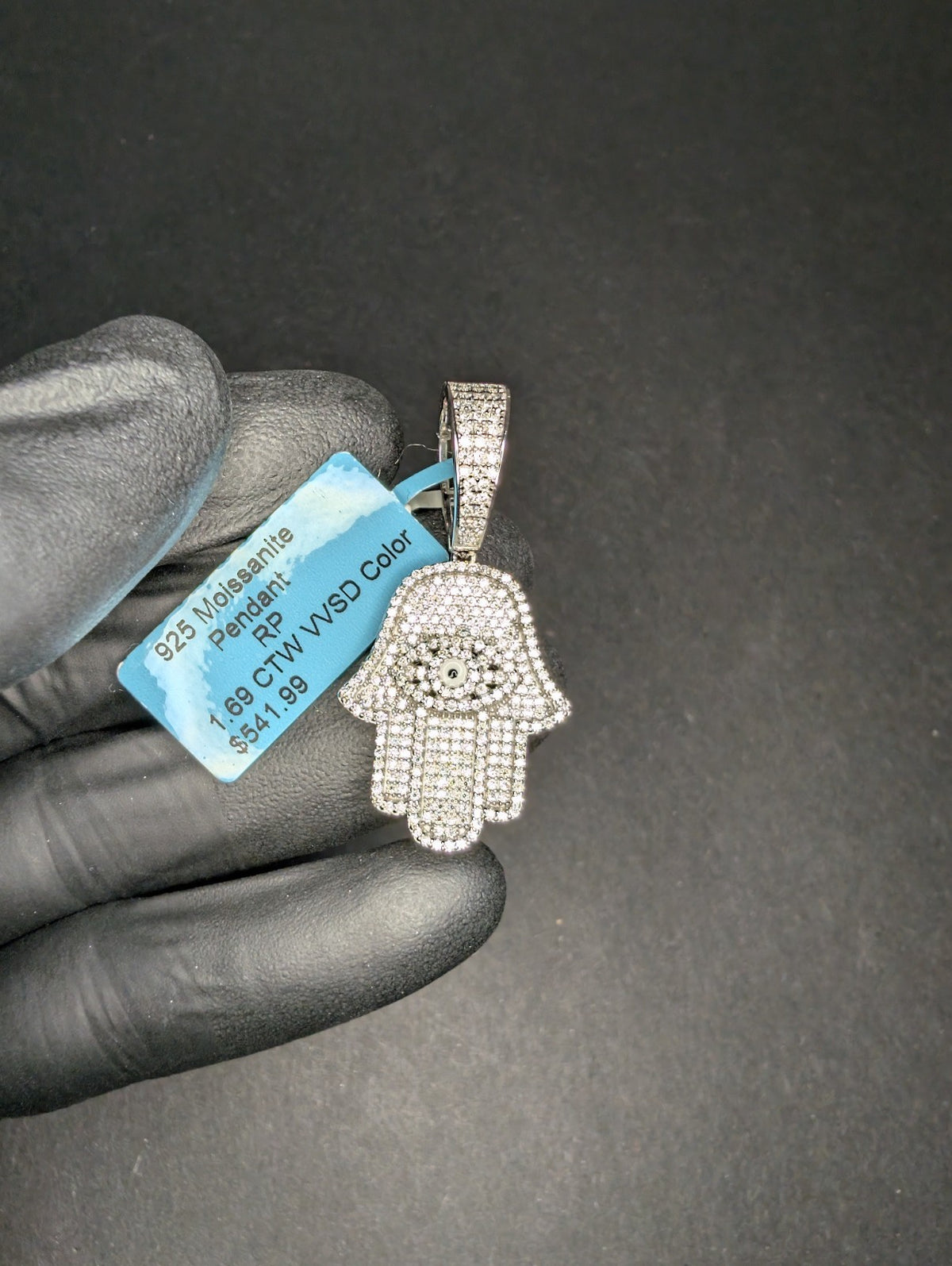 Solid 925 Sterling Silver Iced Out VVS D Color Moissanite Evil Eye Hamsa Pendant