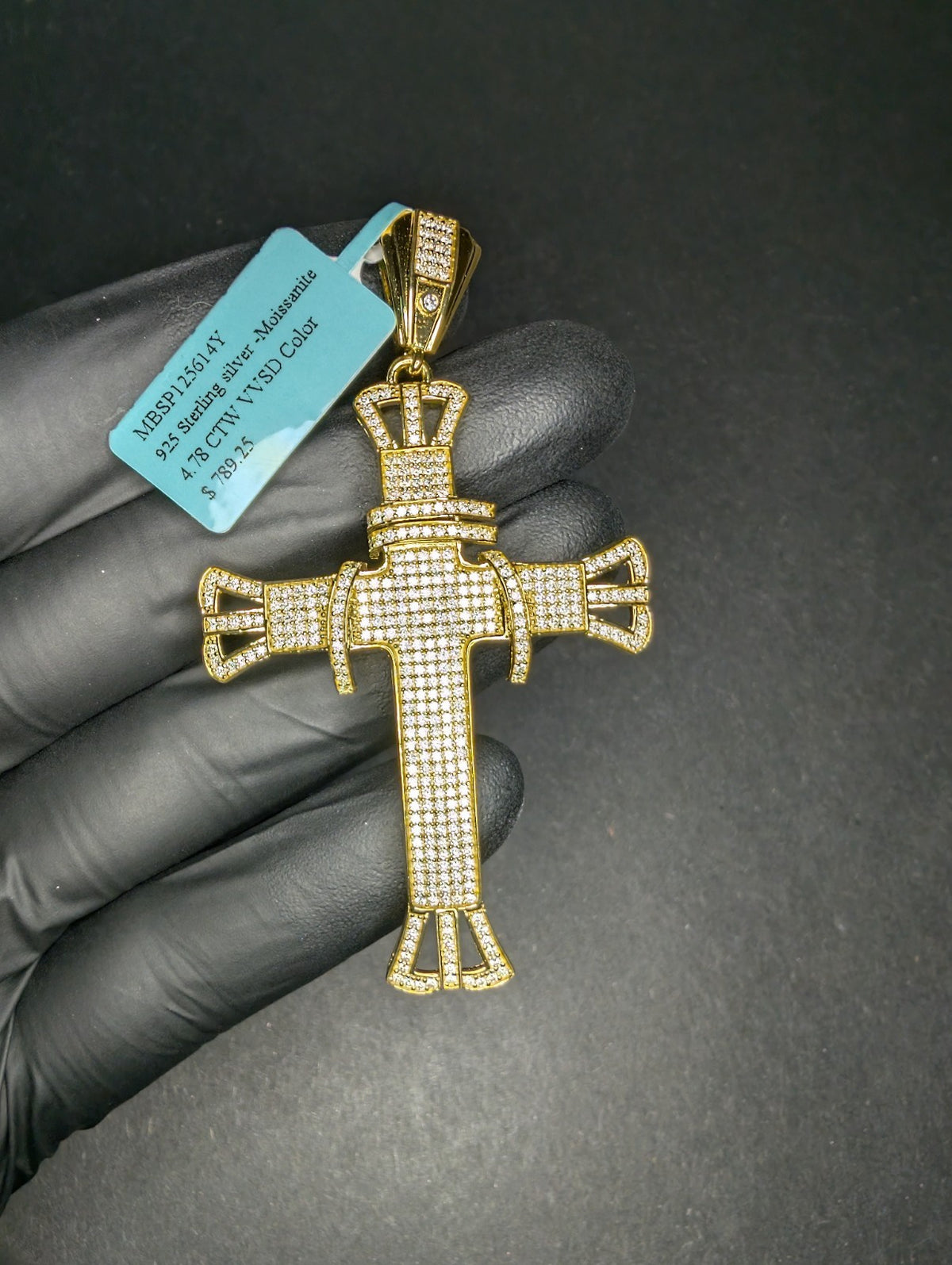 Gold over Solid 925 Sterling Silver Icy VVS D Moissanite Large Cross Pendant