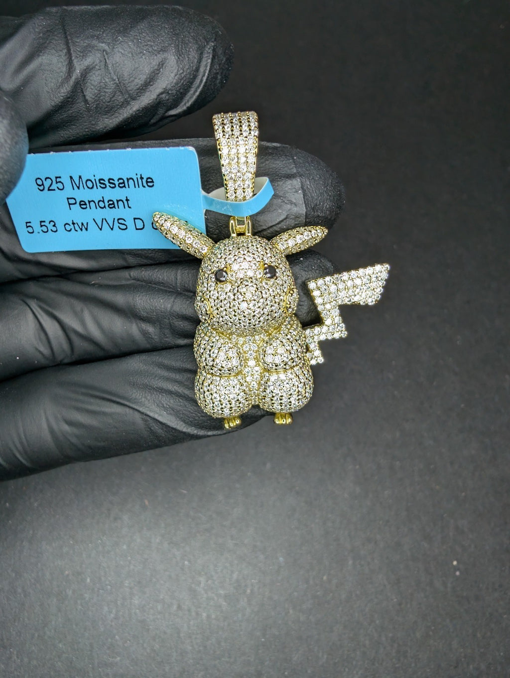 Gold Over Solid 925 Silver Iced Out VVS D Moissanite Pikachu Pokemon Pendant
