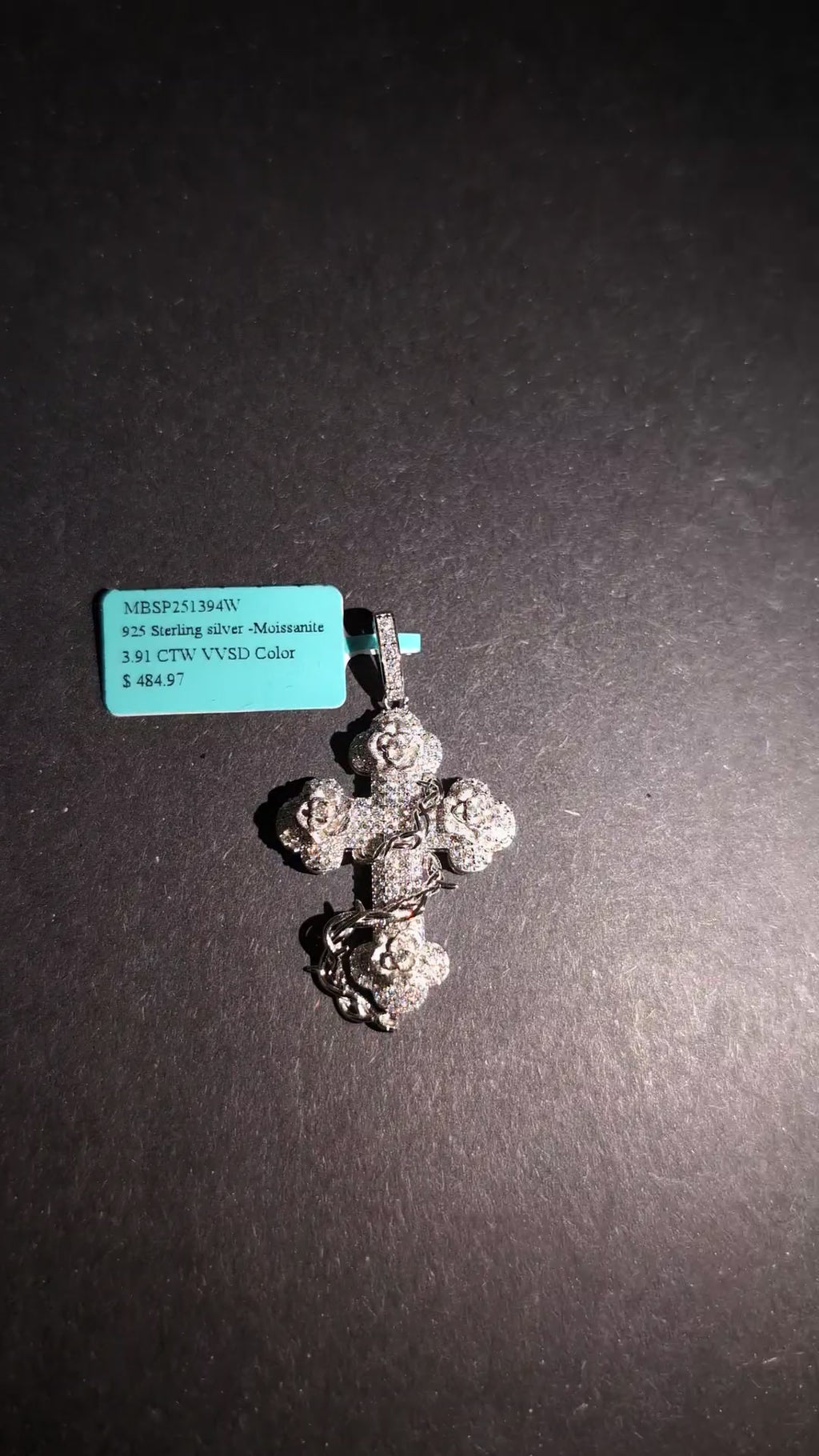 Solid 925 Sterling Silver VVS D Moissanite Rose Vine Wrapped Cross Pendant