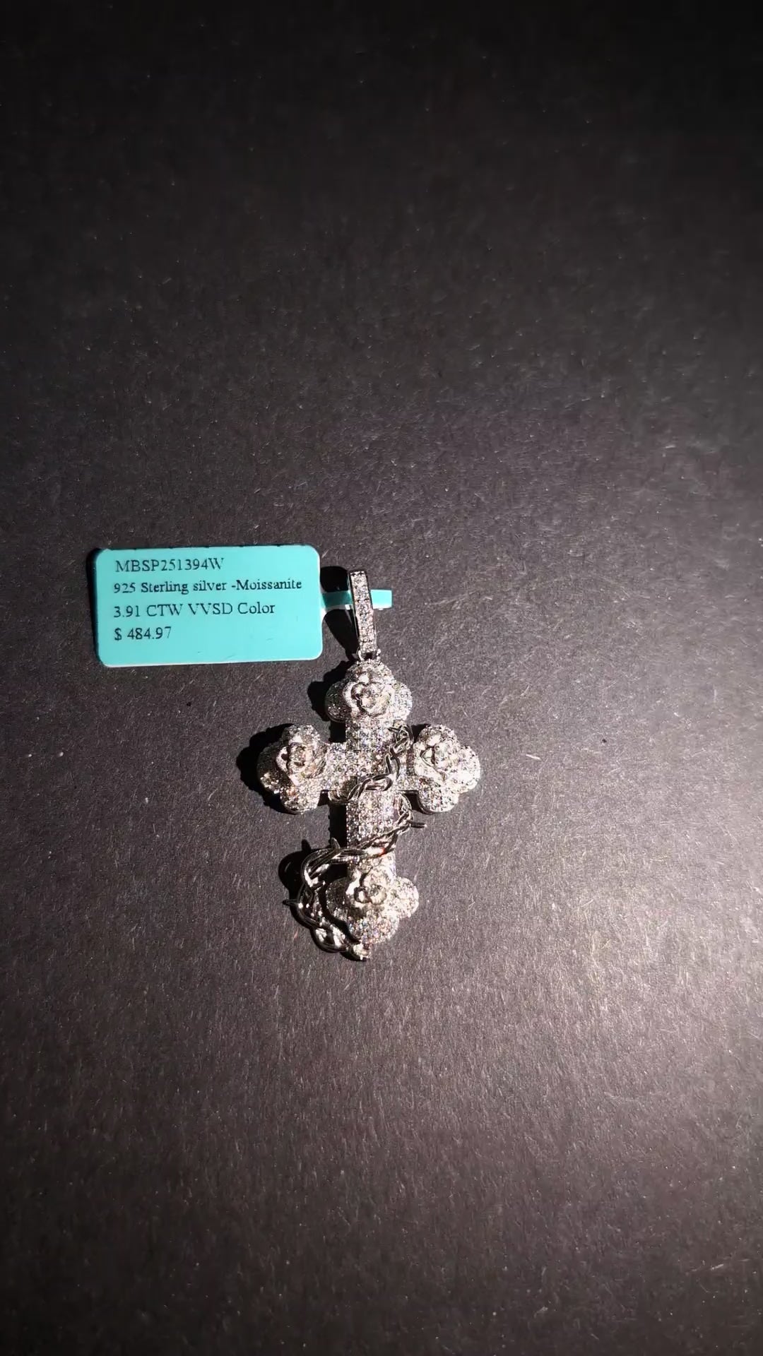 Solid 925 Sterling Silver VVS D Moissanite Rose Vine Wrapped Cross Pendant