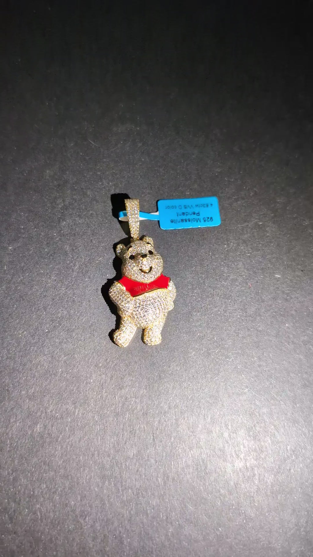 Gold Over Solid 925 Silver Iced Out VVS D Moissanite Winnie the Pooh Pendant