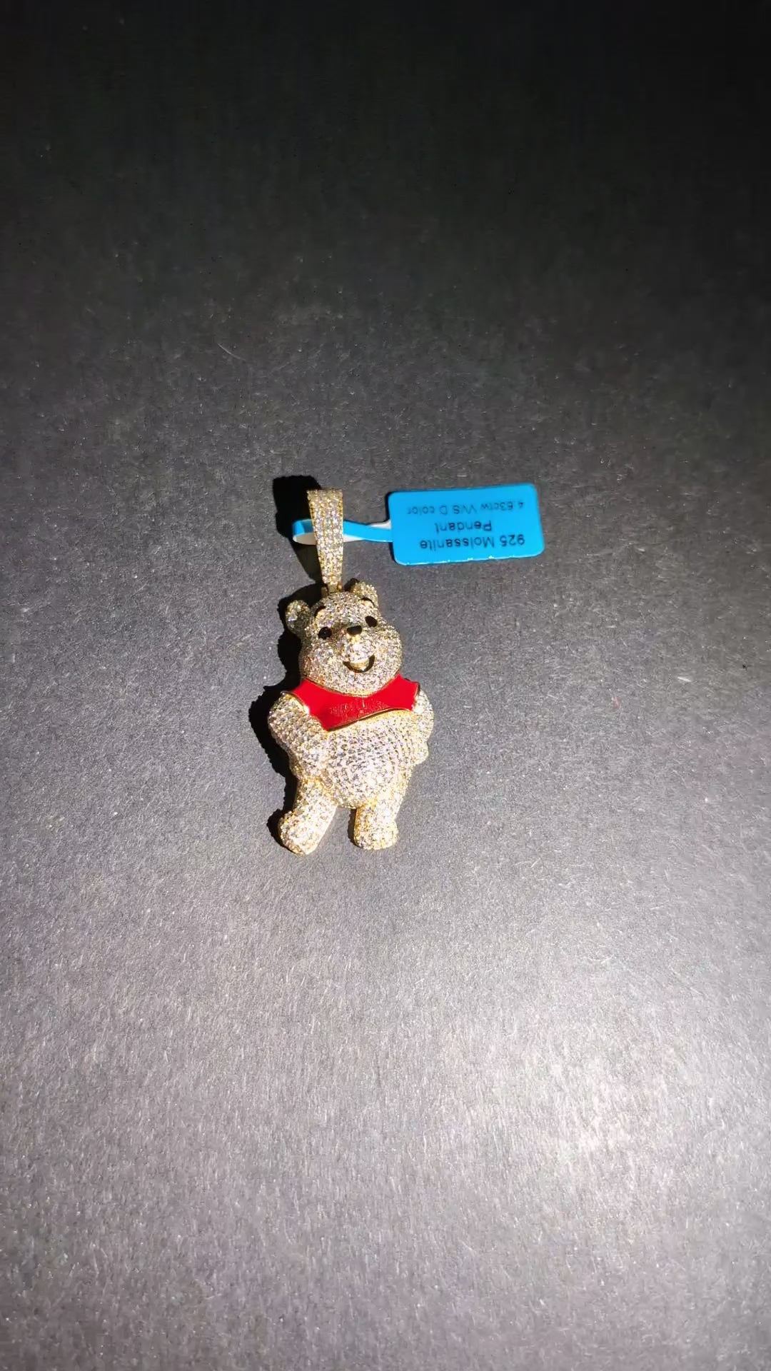 Gold Over Solid 925 Silver Iced Out VVS D Moissanite Winnie the Pooh Pendant